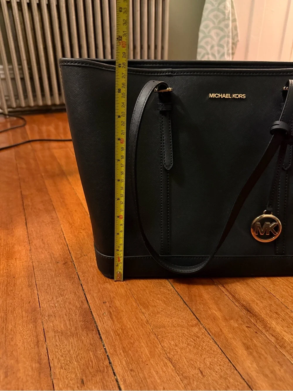 Michael Kors Black Saffiano Leather Tote with Gold MK Charm